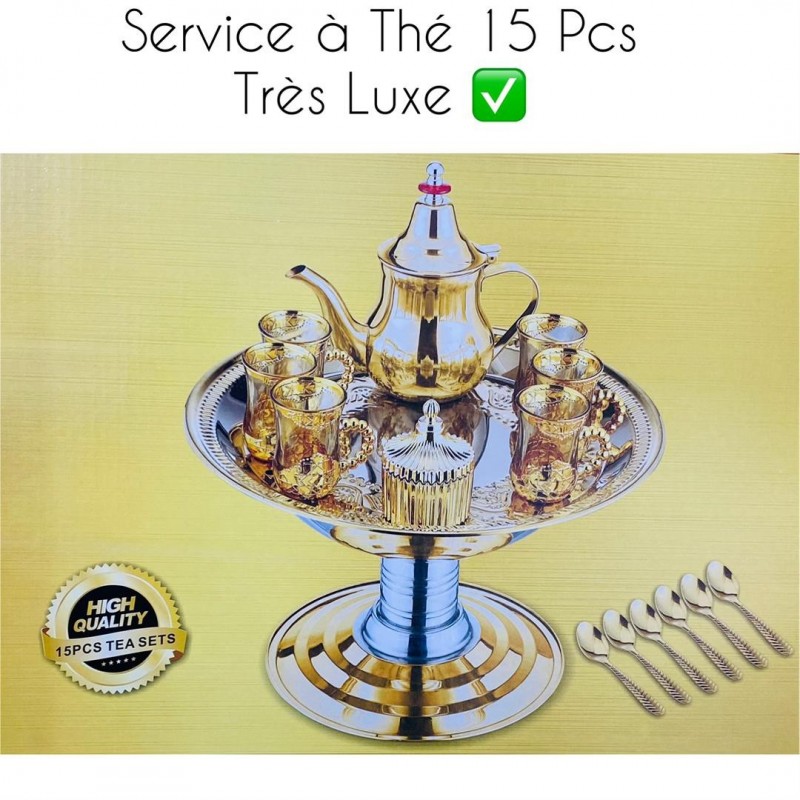 Ensemble Théière  - plateau - sucrier doré 15 pcs