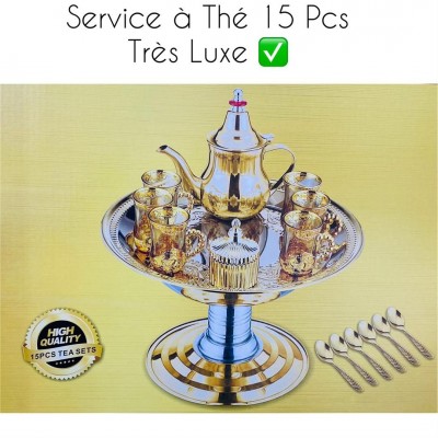 Ensemble Théière  - plateau - sucrier doré 15 pcs