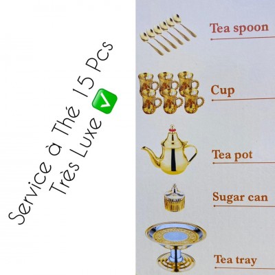 Ensemble Théière  - plateau - sucrier doré 15 pcs
