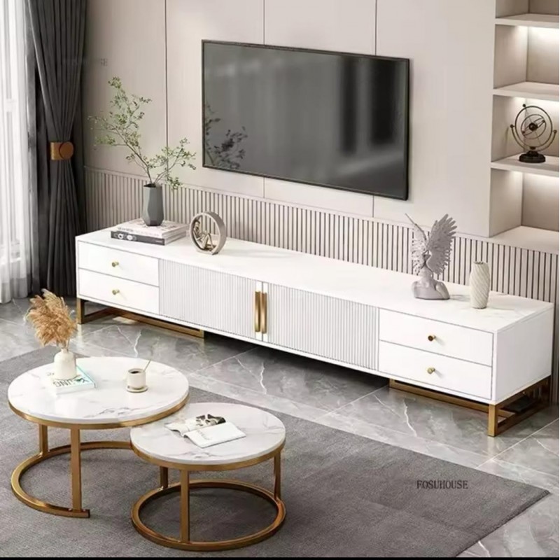 Meuble TV de luxe blanc avec Table basse  élégant 2 pièces