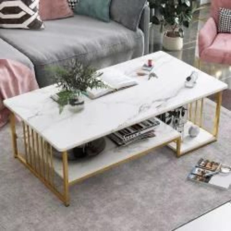 Table basse en bois effet marbre  avec cadre en fer