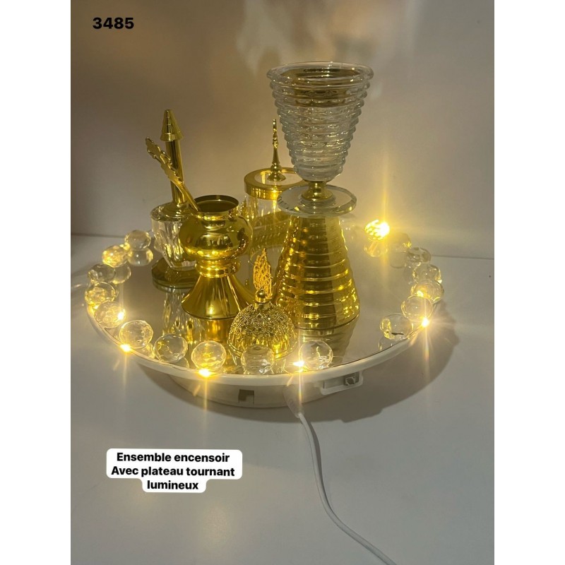 Ensemble encens doré et cristal – Plateau lumineux tournant inclus
