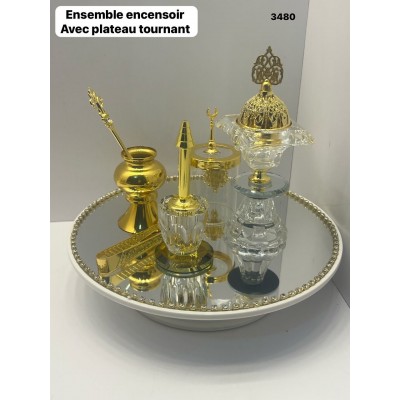 Ensemble encens doré et cristal – Plateau lumineux tournant inclus
