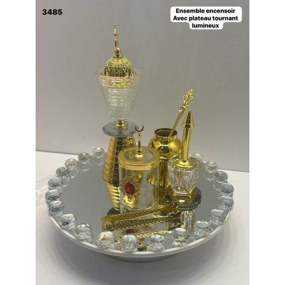 Ensemble encens doré et cristal – Plateau lumineux tournant inclus