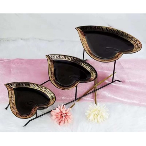 Présentoir en Porcelaine Noire & Or – 3 Bols à Motif Grec sur Support Métallique 2