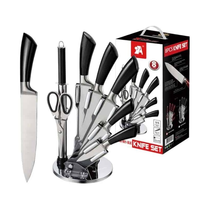 Set de 8 Couteaux de Cuisine en Acier Inoxydable avec Socle Transparent - Professionnel & Ergonomique