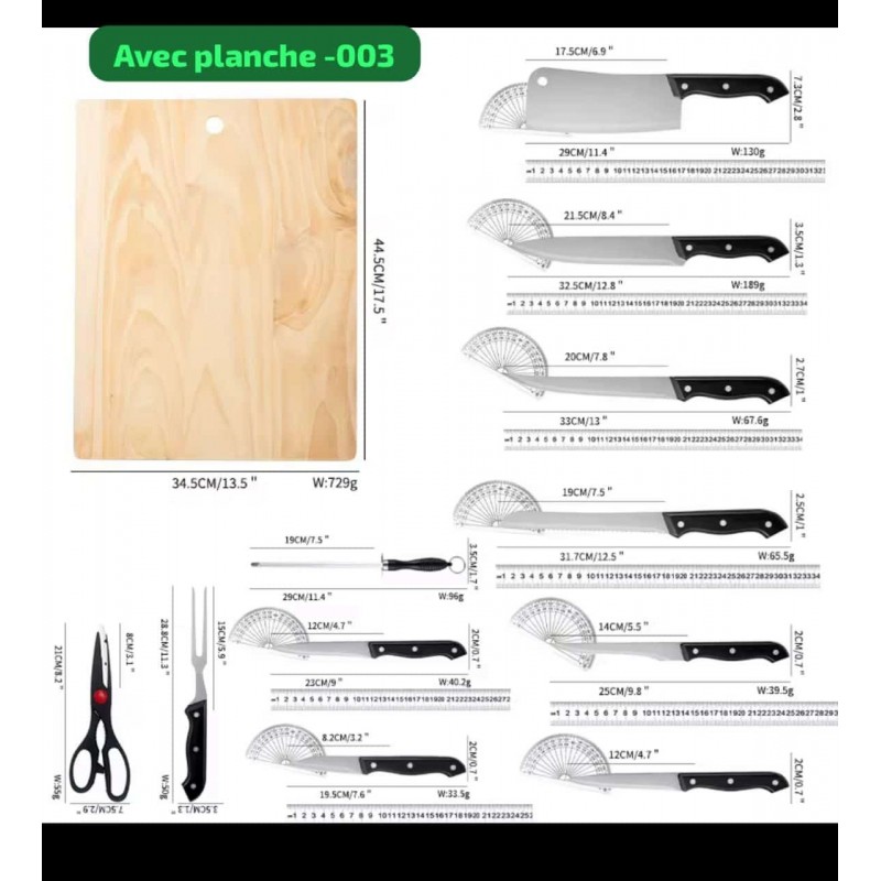 Ensemble Premium de 7 Couteaux de Cuisine en Acier Inoxydable avec Planche à Découper en Bois