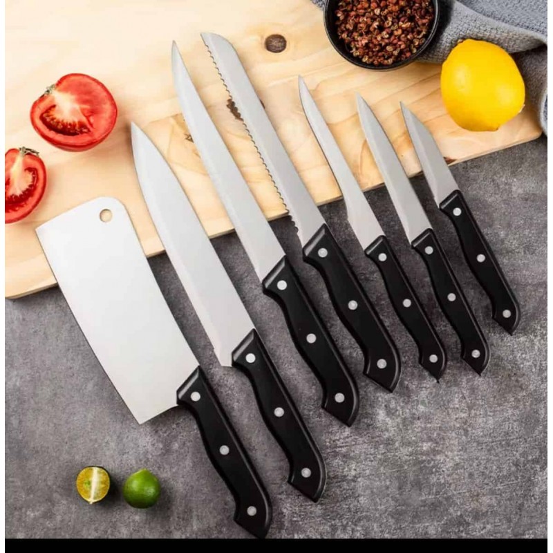 Ensemble Premium de 7 Couteaux de Cuisine en Acier Inoxydable avec Planche à Découper en Bois