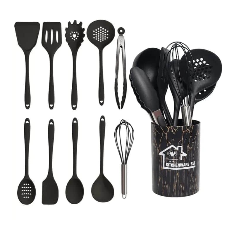Ensemble Complet d'Ustensiles de Cuisine en Silicone Noir - 12 Pièces avec Pot de Rangement