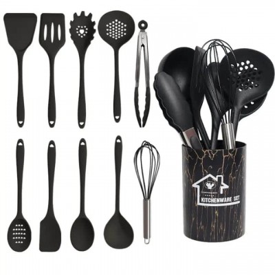 Ensemble Complet d'Ustensiles de Cuisine en Silicone Noir - 12 Pièces avec Pot de Rangement