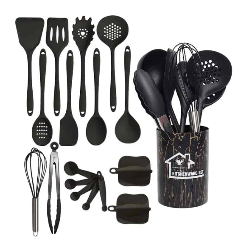 Ensemble Complet d'Ustensiles de Cuisine en Silicone Noir - 12 Pièces avec Pot de Rangement