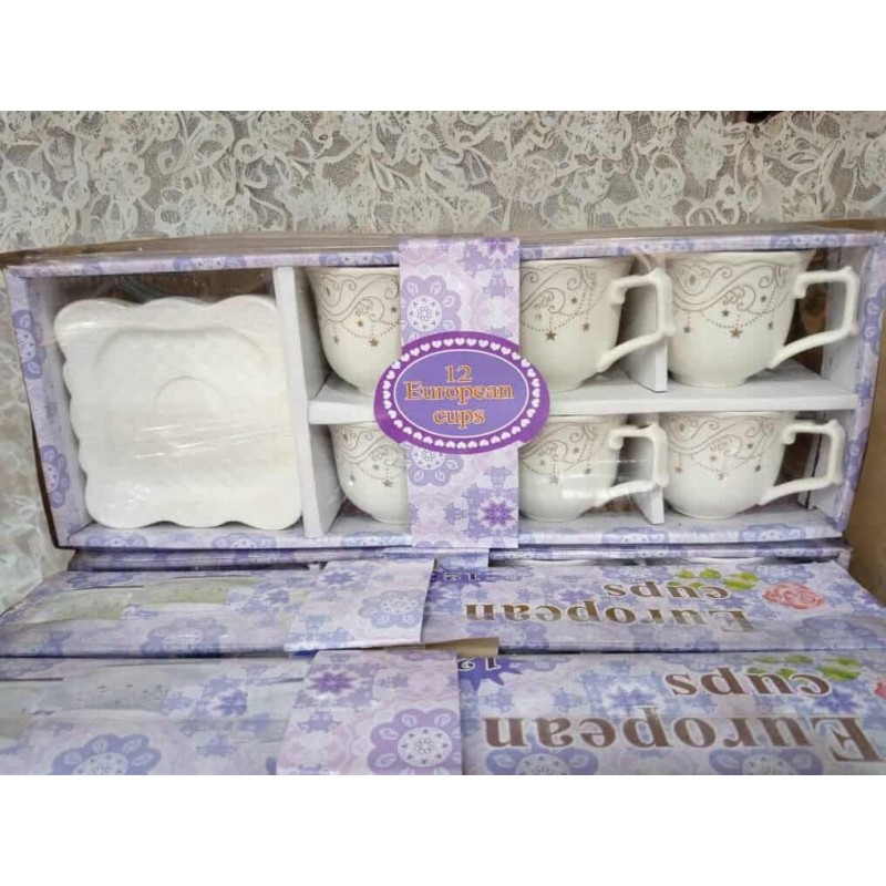 Ensemble 12 Pièces Tasses & Soucoupes - Porcelaine Blanche à Motifs Violets/Dorés (Style Européen)