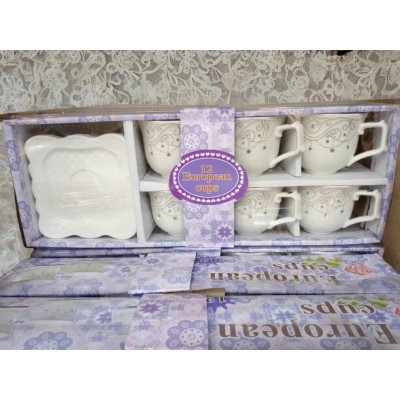 Ensemble 12 Pièces Tasses & Soucoupes - Porcelaine Blanche à Motifs Violets/Dorés (Style Européen)