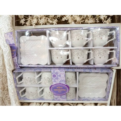 Ensemble 12 Pièces Tasses & Soucoupes - Porcelaine Blanche à Motifs Violets/Dorés (Style Européen) 2