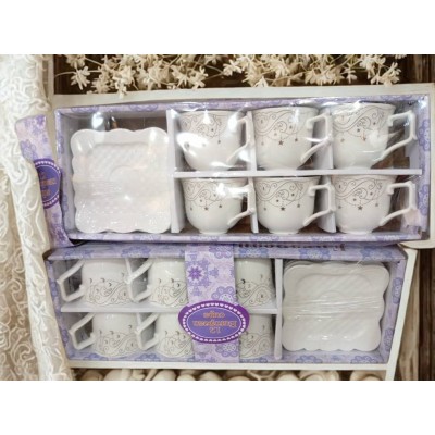 Ensemble 12 Pièces Tasses & Soucoupes - Porcelaine Blanche à Motifs Violets/Dorés (Style Européen)