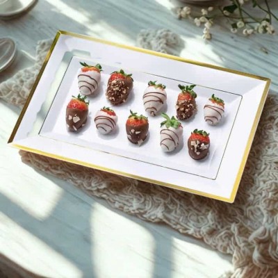 Lot de 10 plateaux rectangulaires blancs à bord doré – Élégance et praticité