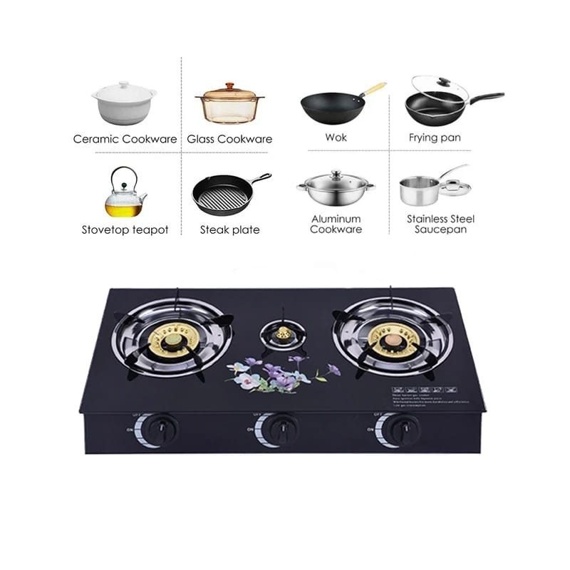 Gazinière Réchaud Gaz en Verre trempé- 3 Feux