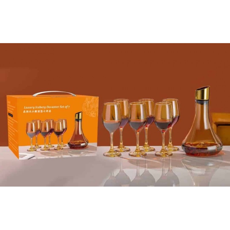 Set de 7 Pièces – Carafe & Verres à Vin Ambrés – Élégance et Raffinement