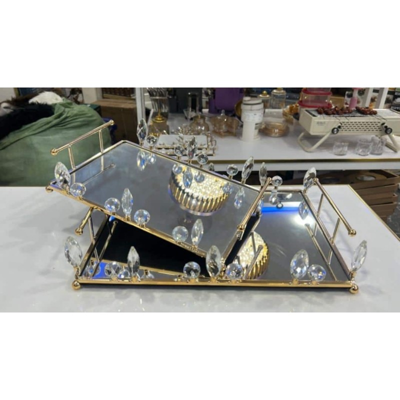 Duo de plateaux à miroir dorés avec cristaux scintillants