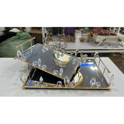 Duo de plateaux à miroir dorés avec cristaux scintillants
