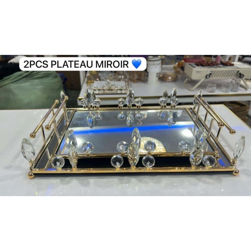Duo de plateaux à miroir dorés avec cristaux scintillants