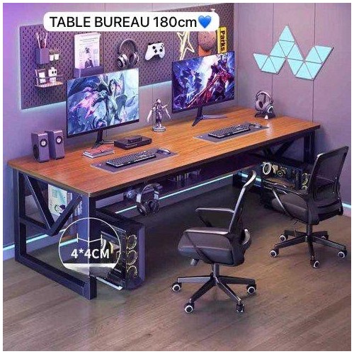 Grande table de bureau 180 cm – Bois brun foncé & métal noir – Style industriel
