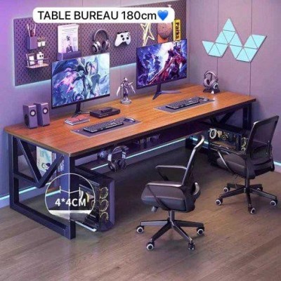 Grande table de bureau 180 cm – Bois brun foncé & métal noir – Style industriel