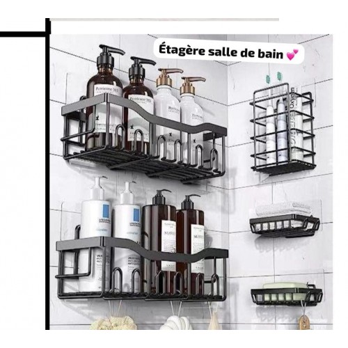 Lot de 5 paniers muraux adhésifs en acier inoxydable noir – Rangement sans perçage pour salle de bain, douche ou cuisine