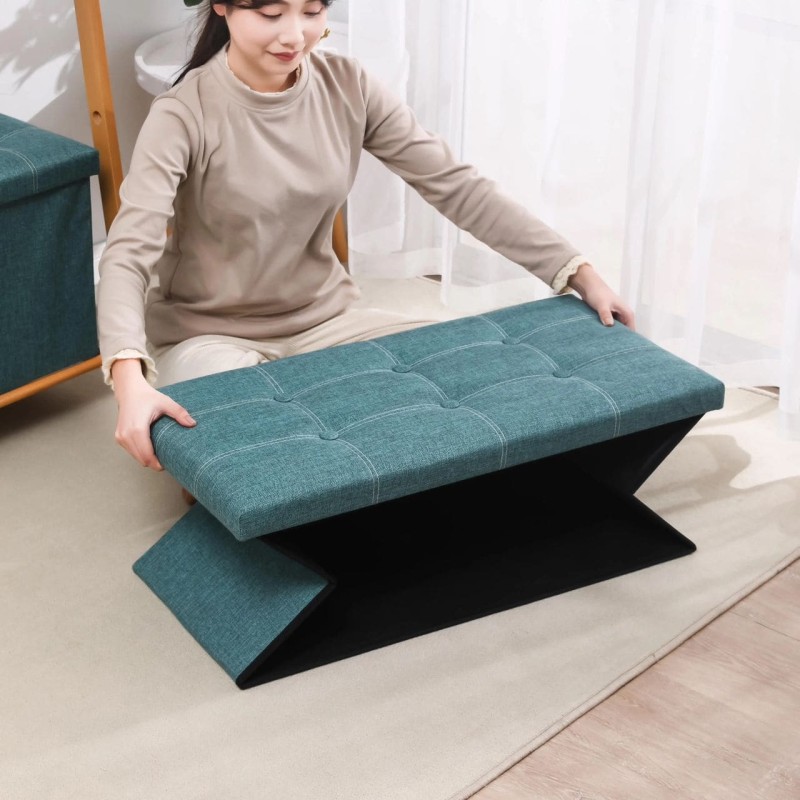 Pouf Rectangulaire Pliable en Tissu  avec Rangement Intégré