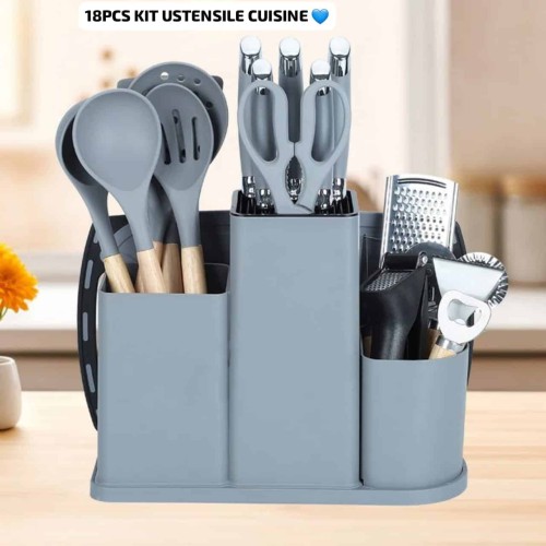 Set Complet 18 Pièces Ustensiles de Cuisine  – Couteaux, Outils, Planche et Support 2