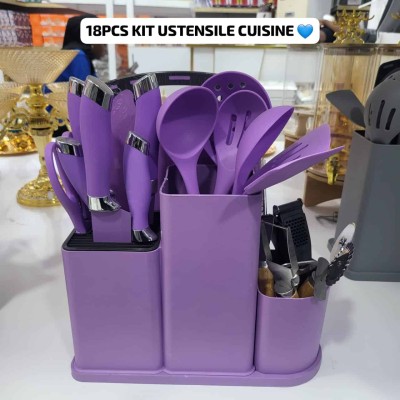 Set Complet 18 Pièces Ustensiles de Cuisine  – Couteaux, Outils, Planche et Support