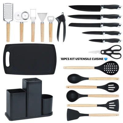 Set Complet 18 Pièces Ustensiles de Cuisine  – Couteaux, Outils, Planche et Support