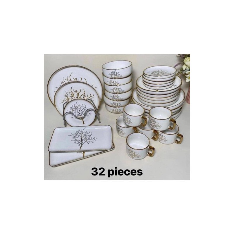 Service de vaisselle blanche 32 pièces – Motif arbre doré élégant