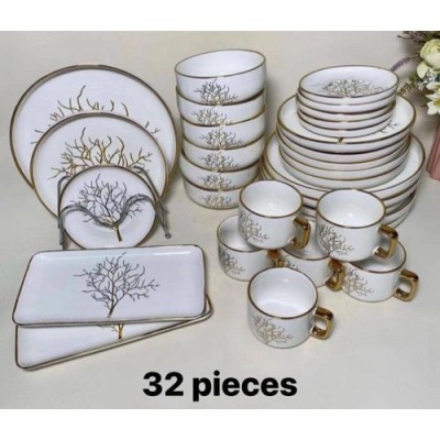 Service de vaisselle blanche 32 pièces – Motif arbre doré élégant