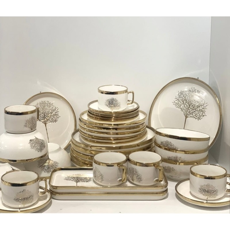 Service de vaisselle blanche 32 pièces – Motif arbre doré élégant