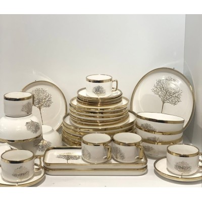 Service de vaisselle blanche 32 pièces – Motif arbre doré élégant