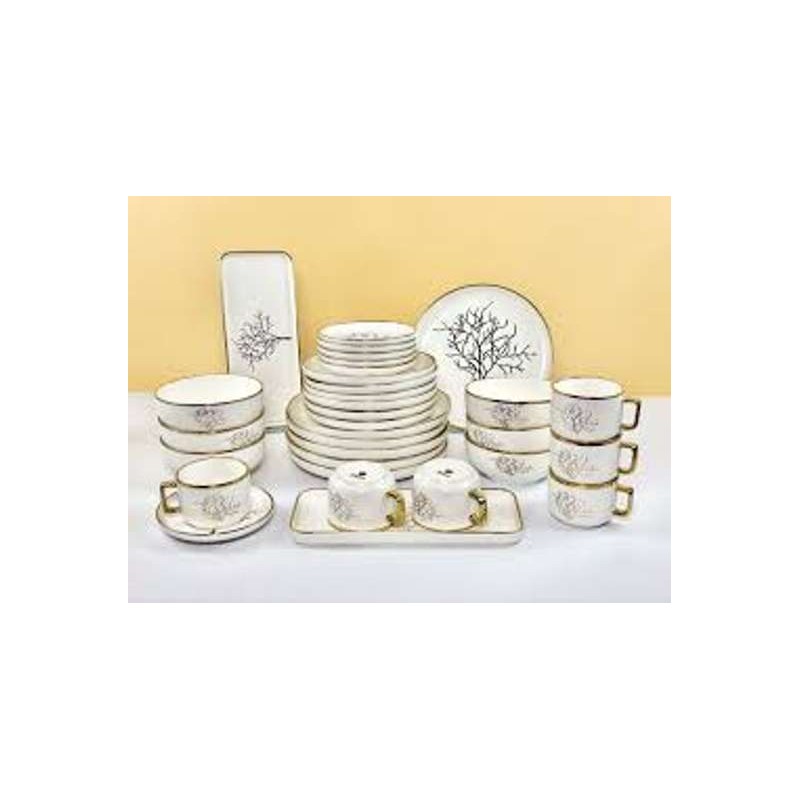 Service de vaisselle blanche 32 pièces – Motif arbre doré élégant
