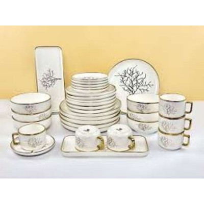Service de vaisselle blanche 32 pièces – Motif arbre doré élégant