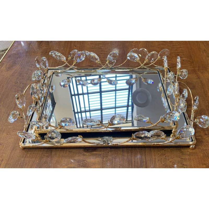 Duo de plateaux à miroir dorés avec cristaux scintillants