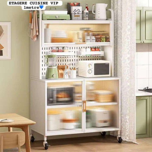 Meuble Multifonction pour Cuisine ou Salon – Armoire Mobile avec Portes Vitrées Anti-Poussière 2