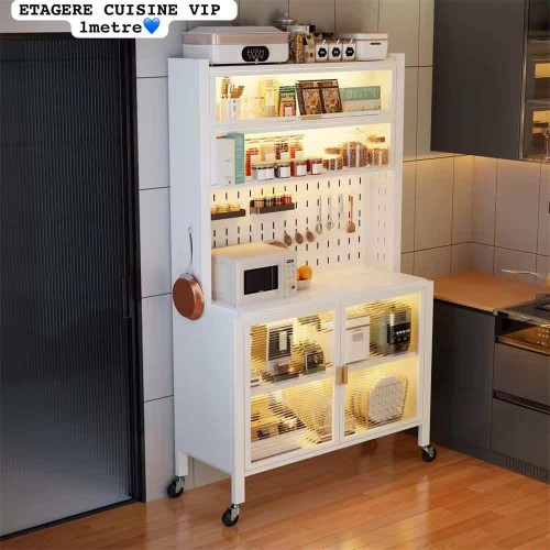 Meuble Multifonction pour Cuisine ou Salon – Armoire Mobile avec Portes Vitrées Anti-Poussière