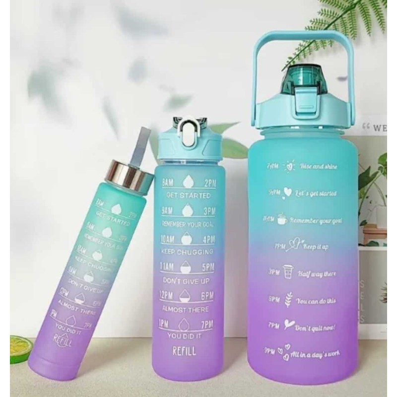 Lot de 3 Gourdes avec Paille et Marqueurs de Temps – Bouteilles d’Eau Étanches  (2L + 750ml + 300ml)