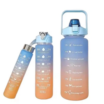 Lot de 3 Gourdes avec Paille et Marqueurs de Temps – Bouteilles d’Eau Étanches  (2L + 750ml + 300ml)