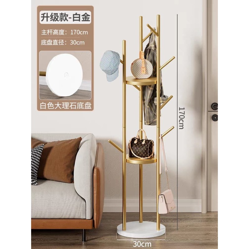 Porte-manteau sur pied doré avec étagères et crochets – Stable et élégant