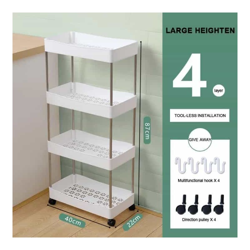 Chariot de Rangement à 4 Niveaux – Étagère Polyvalente avec Roulettes, Plastique Résistant et Support en Inox