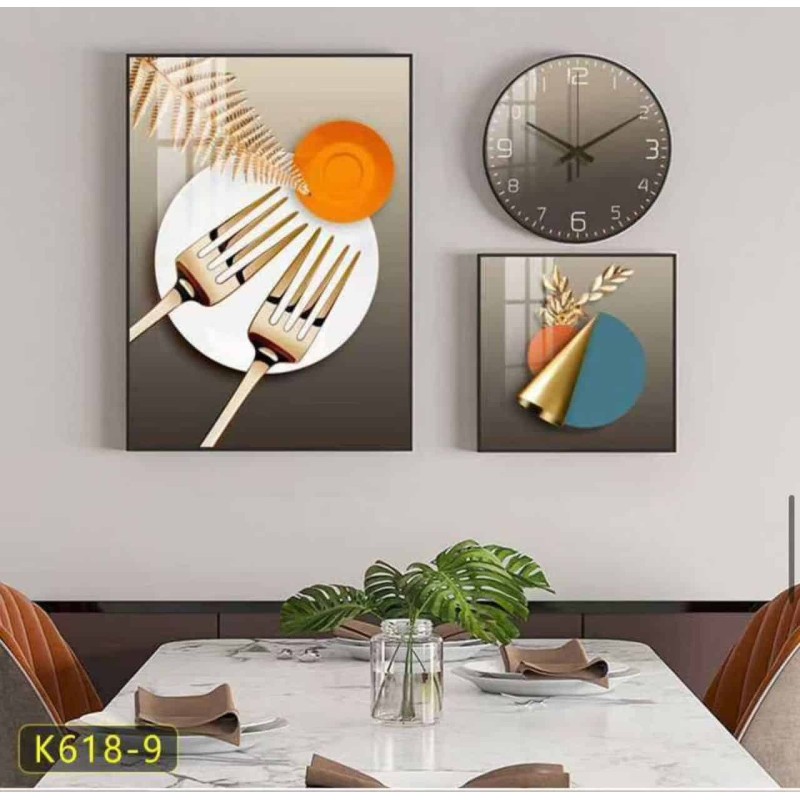 Tableau de Décorations Murales 3 Pièces avec Horloge – Style Zen et Contemporain