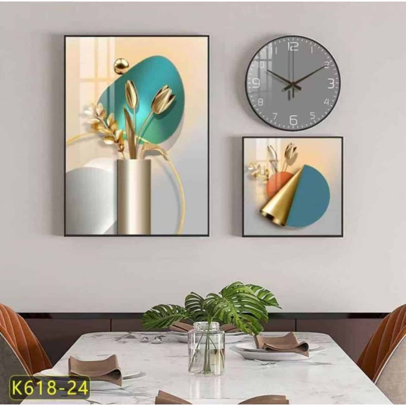 Tableau de Décorations Murales 3 Pièces avec Horloge – Style Zen et Contemporain