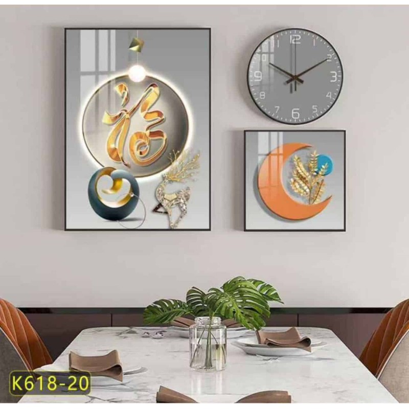Tableau de Décorations Murales 3 Pièces avec Horloge – Style Zen et Contemporain