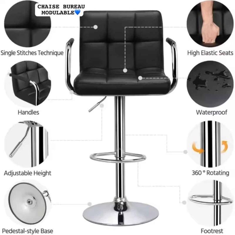 Tabouret de bar modulable en similicuir noir et métal chromé