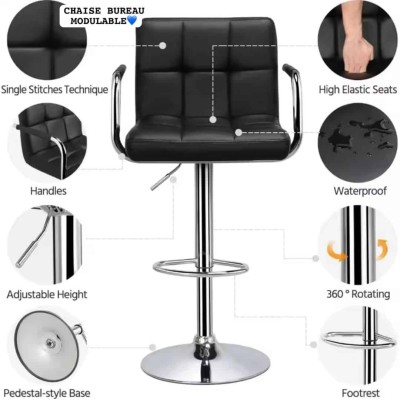 Tabouret de bar modulable en similicuir noir et métal chromé